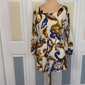 Anne Klein New York Silk Cashmere Floral Ikat Belted Tunic Sweater Medium